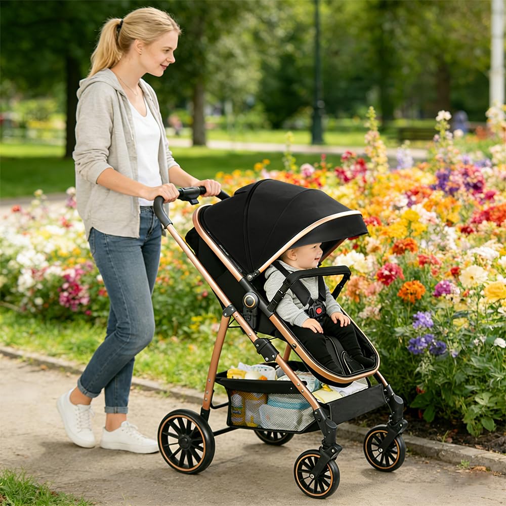 Poussette 3 en 1,Haute Vue Poussette Bebe Pliante,Voyage Pour Bébé 0 à 4ans | Panier de couchage panier 2 en 1, siège amovible, Auvent pliant