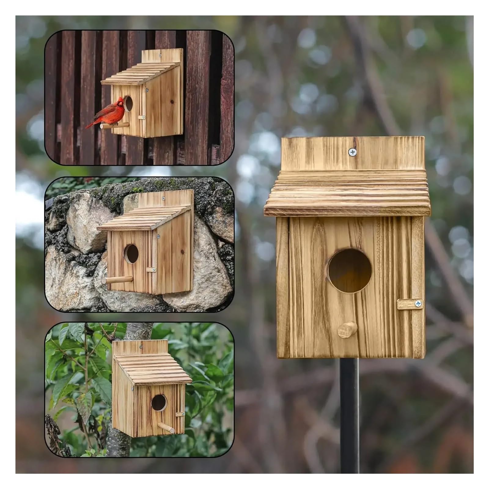 Nido de Madera para pájaros Casitas de Madera for pájaros for Exterior con Poste, casa for pinzones, cardenales y Azules, Colgante for jardín, Casas Rurales