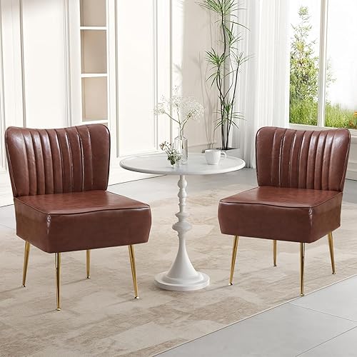 Miniatura 18 de Moderno juego de 3 sillas decorativas de piel sintética, tapizadas, con respaldo de alas sin brazos con patas doradas, cómodo sofá individual, Rojo