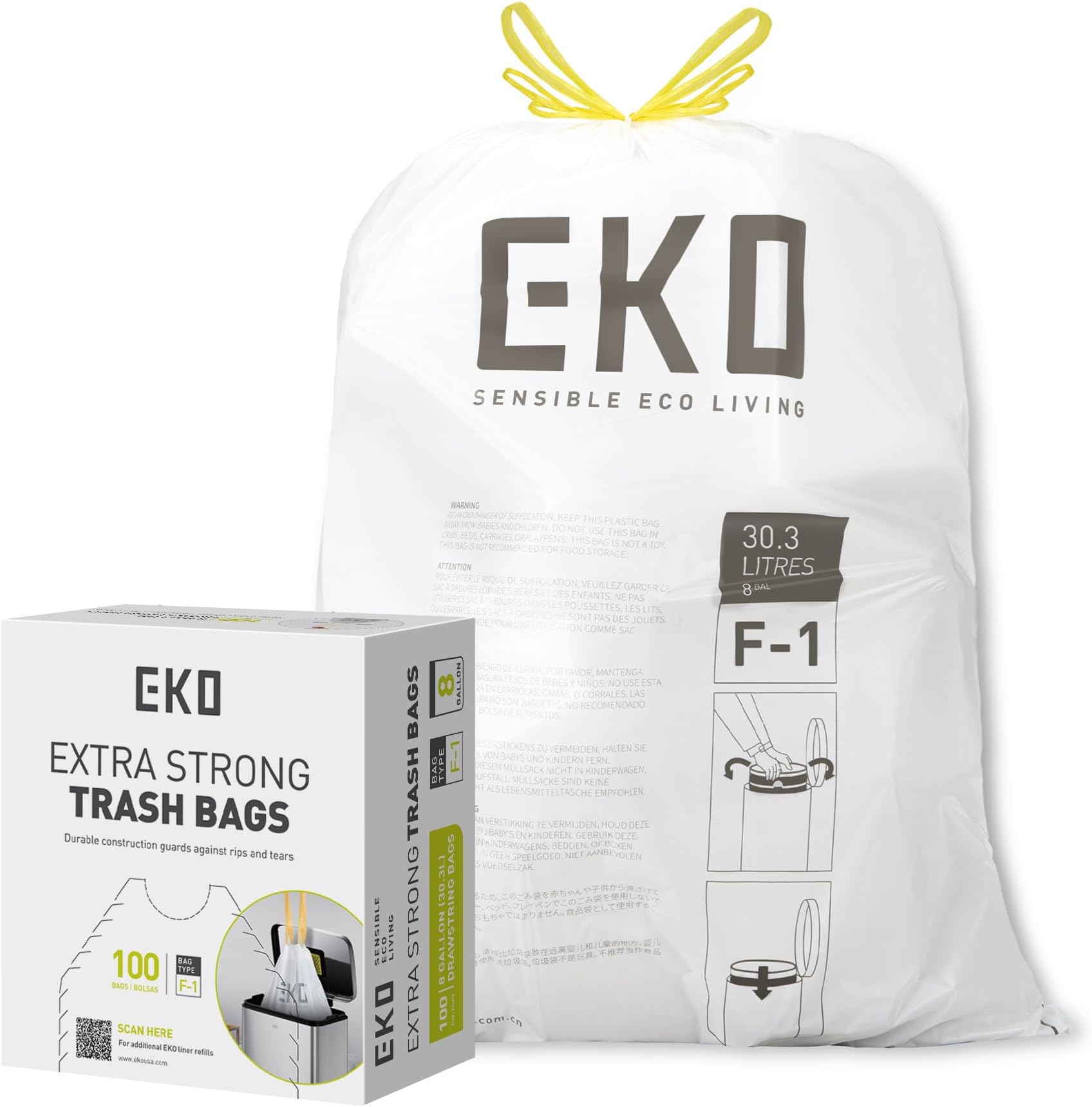 18-30 Litre Drawstring Bin Bags, Heavy Duty Kitchen Bin Liners for Multi Compartment Bins, Leakproof and Tear-Resistant for Waste & Recycling, Unscented Food Waste Bags, 100 Count, Code F-1, White