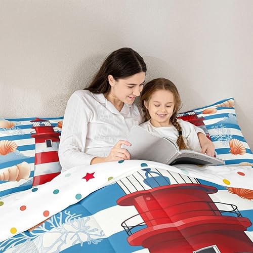 Miniatura 5 de Erosebridal Juego de edredón náutico tamaño individual, juego de ropa de cama de faro rojo y blanco, edredón de rayas azules y juegos de edredón de