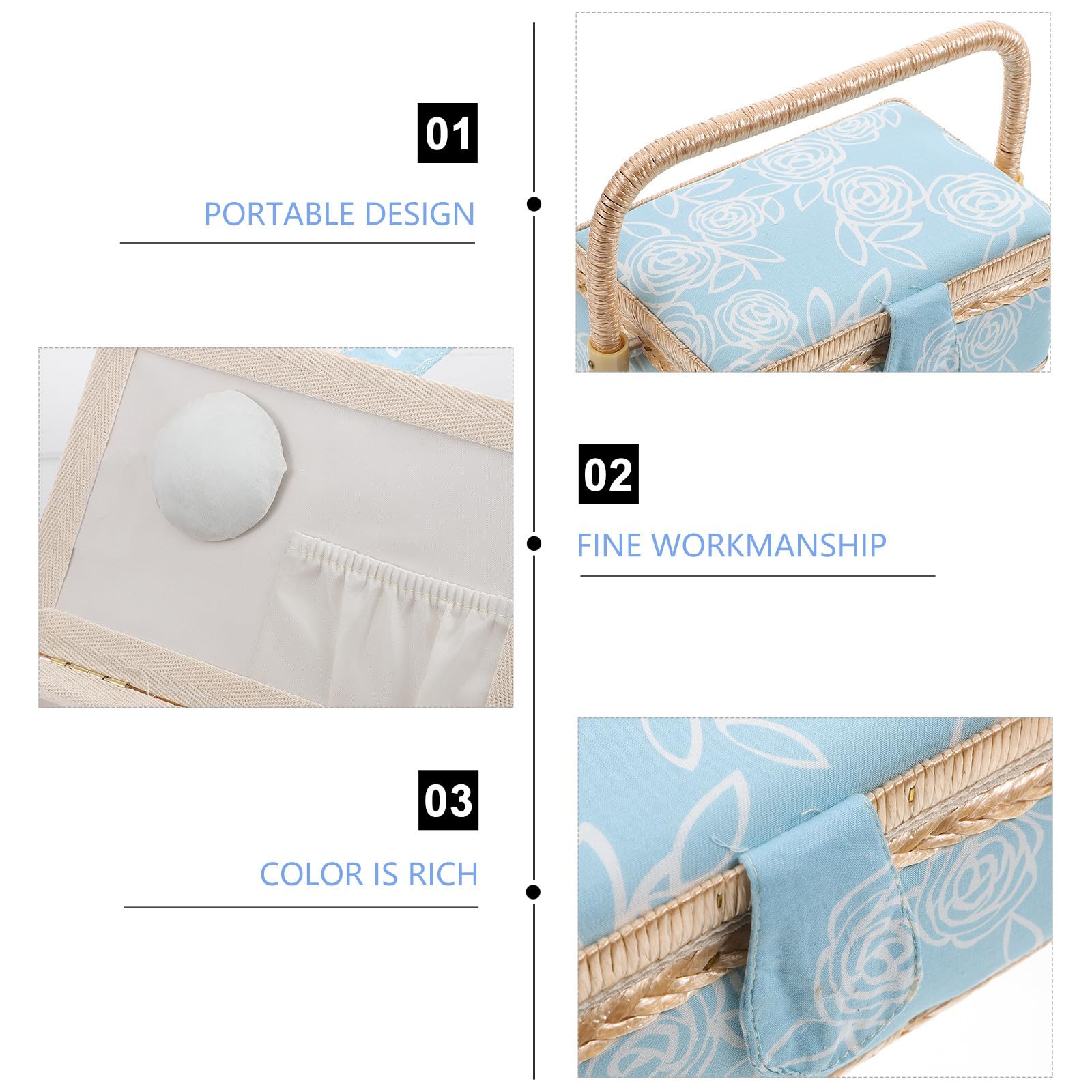 Caja de Herramientas de Costura de Poliéster Resistente, Tamaño Compacto, Color Azul Claro Diseño de Rosa, Organizador Portátil para Almacenamiento Doméstico y Manualidades, Cesta