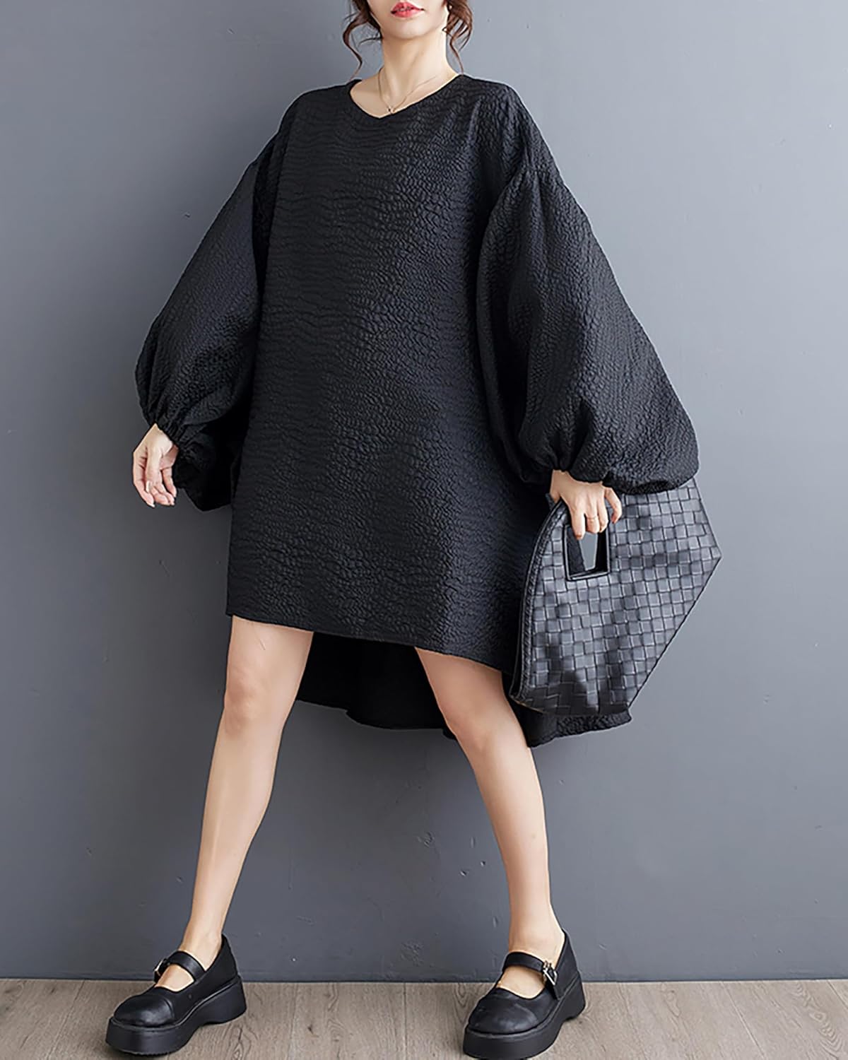 ellazhu Women's Dress Long Sleeve Crewneck Flowy High Low Hem Loose Oversize Casual Fall GZ261