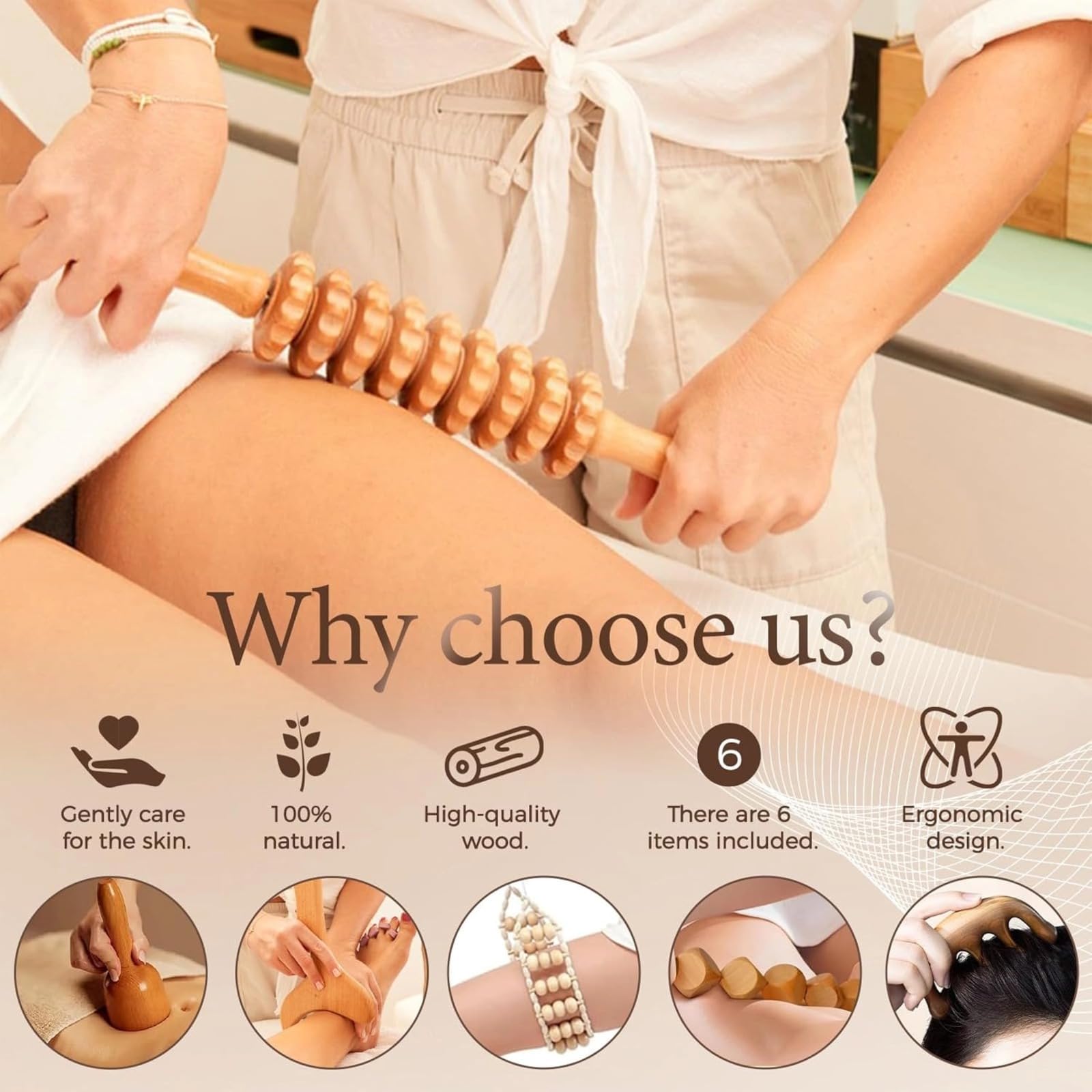 Kit de massage en bois 6 en 1 pour drainage lymphatique et modelage du corps, kit professionnel de madérotérapie, avec rouleau de fascia, planche Gua Sha et corde de massage pour un traitement