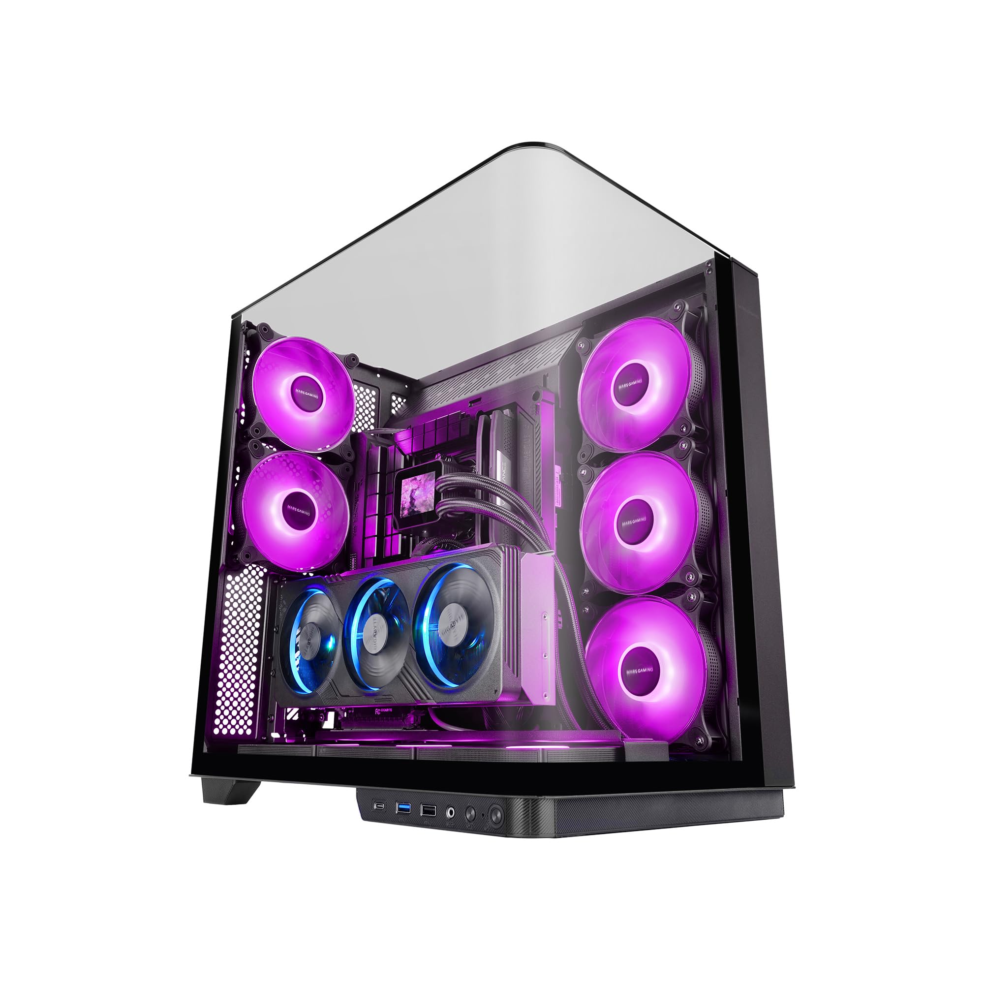 Mars Gaming MC-​INFINIO, Boîtier Gaming ATX, Verre Trempé Courbé sans Cadre, 2X Ventilateurs ARGB 120mm, Montage Vertical Cartes Graphiques, Support Refroidissement Liquide Jusqu'à 360mm, USB-​C, Noir
