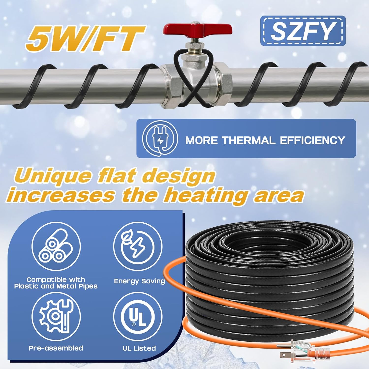3FT~200FT Heat Tape for Water Pipes, -40°F Deicing Cable,Pipe Heat Cables for Roof,Gutter，Farm，Freeze Protetion Heating Wires, Heated Water Hose,Plumbing Fixtures,120V 5W/FT (160FT)