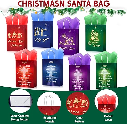 Miniatura 3 de Pasimy 48 bolsas de regalo de Navidad con 24 bolsas de papel cristianas para regalos religiosos cristianos con 24 pañuelos, versículos de la Biblia,