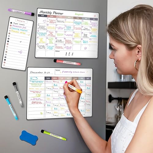 Miniatura 7 de Juego de calendario mensual de 3 piezas de tabla magnética de tareas, 13 x 17 pulgadas, tablero de tareas de borrado en seco para nevera con pizarra