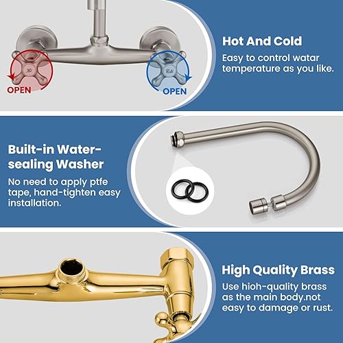 Vista 8 de Airuida Grifo de cocina de montaje en pared con rociador, grifo de fregadero de cocina montado en la pared, asas dobles cruzadas, boquilla giratoria