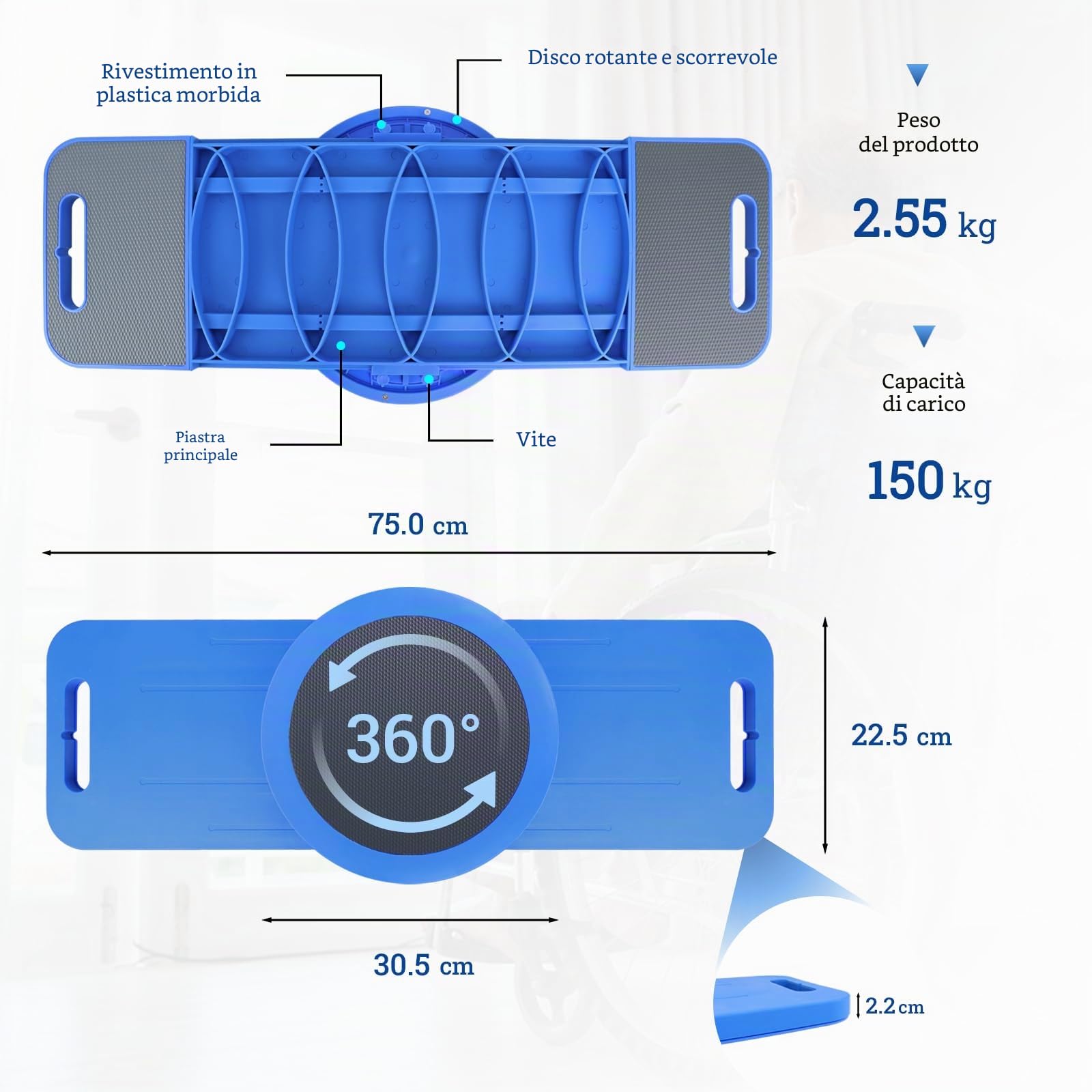 LOSCHEN Tavola di trasferimento da 75 cm con piastra girevole a 360°, tavola di trasferimento per anziani, trasferimento dalla sedia a rotelle al letto, alla toilette, alla vasca da bagno, all'auto