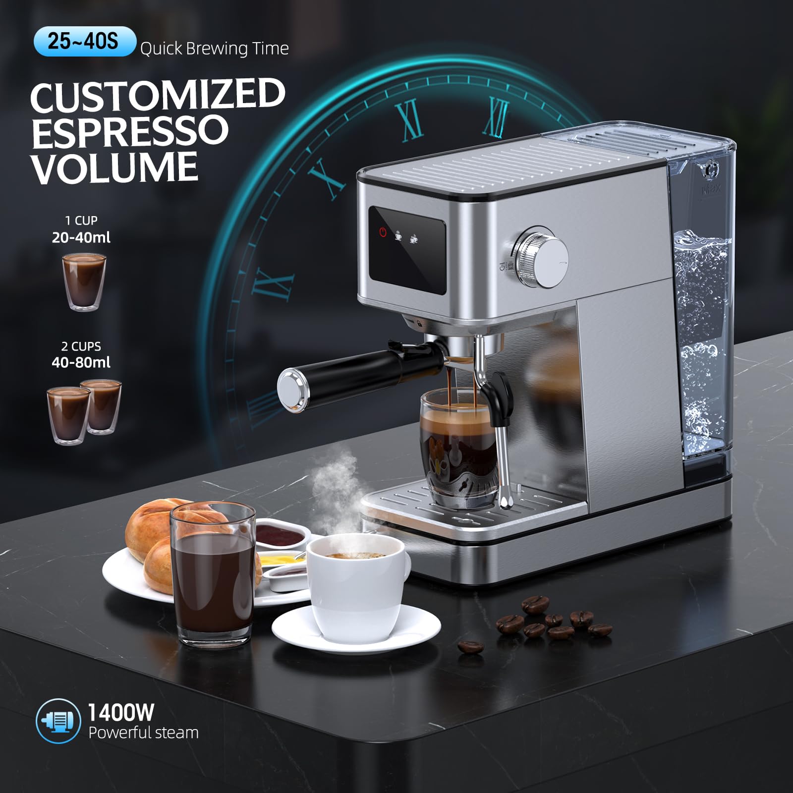 20 Bar Espresso Machine with Milk Frother, Stainless Steel Coffee Maker with Touch Screen & Cold Brew, 45s Fast Heat Small Cappuccino & Latte Machine with 57.5oz Removable Water Tank for Home, Silver — view 3