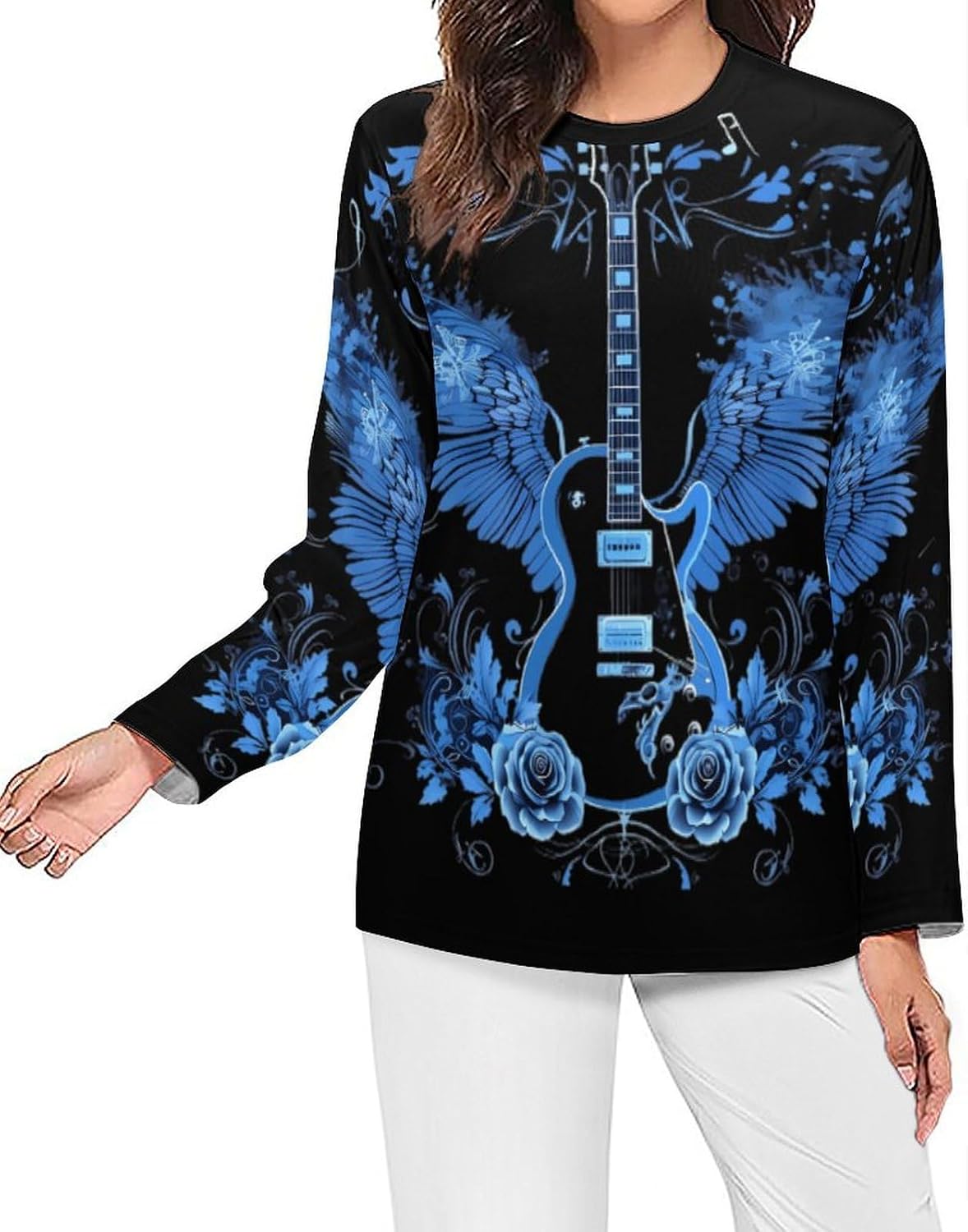 Electric Guitar with Wings Roses Women's Pajama Top Sleepwear Pajamas Sleep T-Shirt Long Sleeve Shirt Crewneck Tee