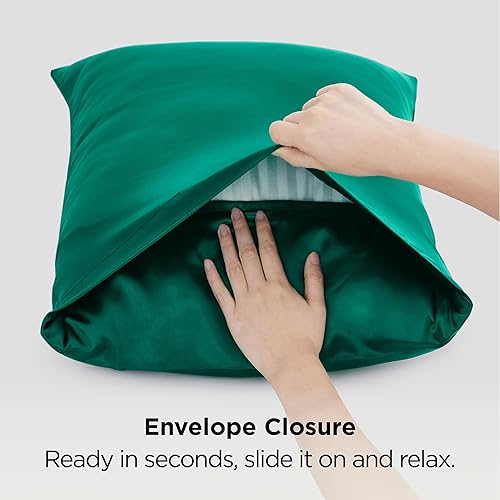 Vista 33 de Bedsure Juego de 2 fundas de almohada de satén tamaño King, fundas de almohada sedosas color verde azulado para cabello y piel con cierre de sobre