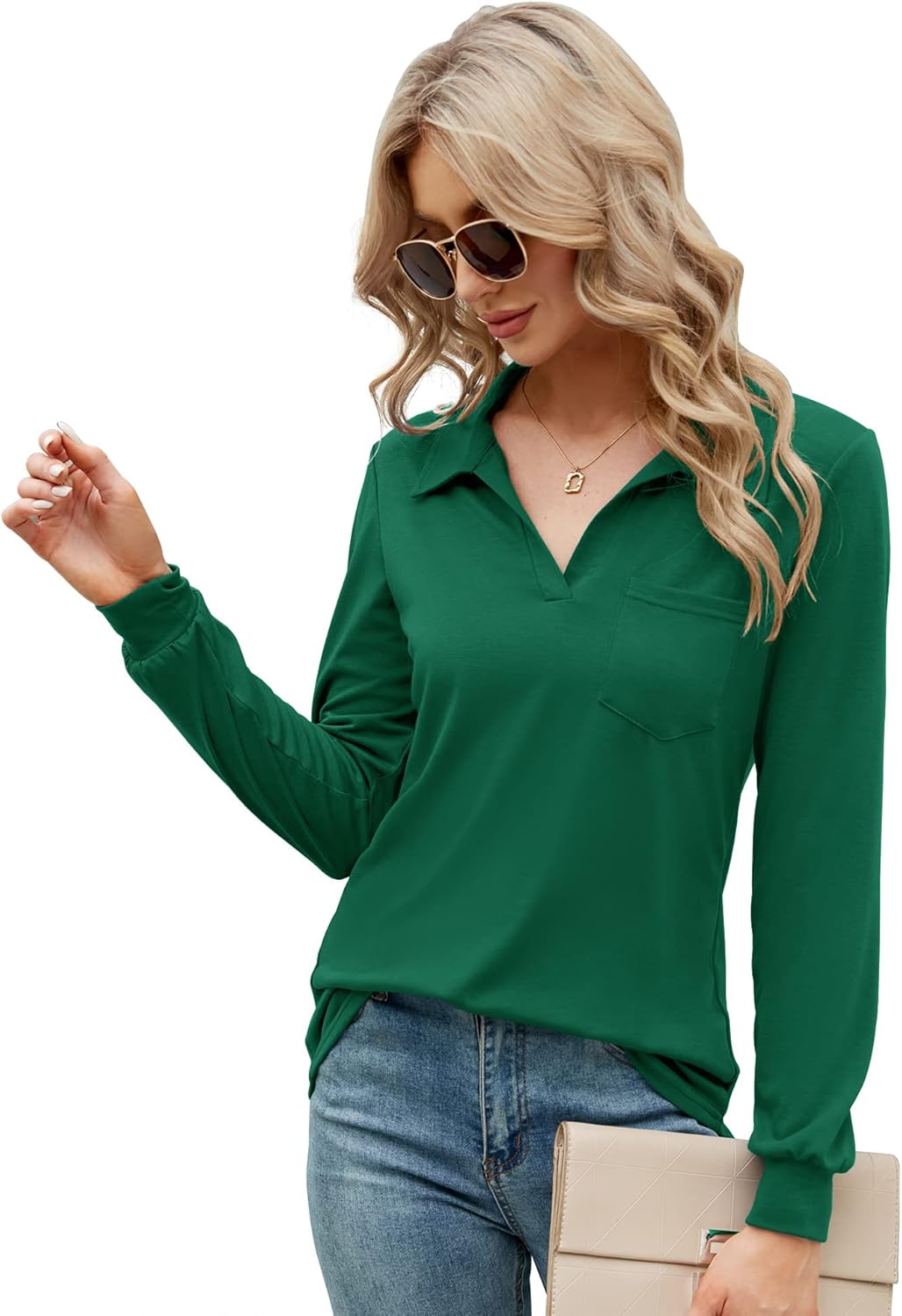 AKEWEI Womens V Neck Polo Shirts Short Sleeve Collared Tops Loose Casual Tunic Blouses with Pocket - Image 5