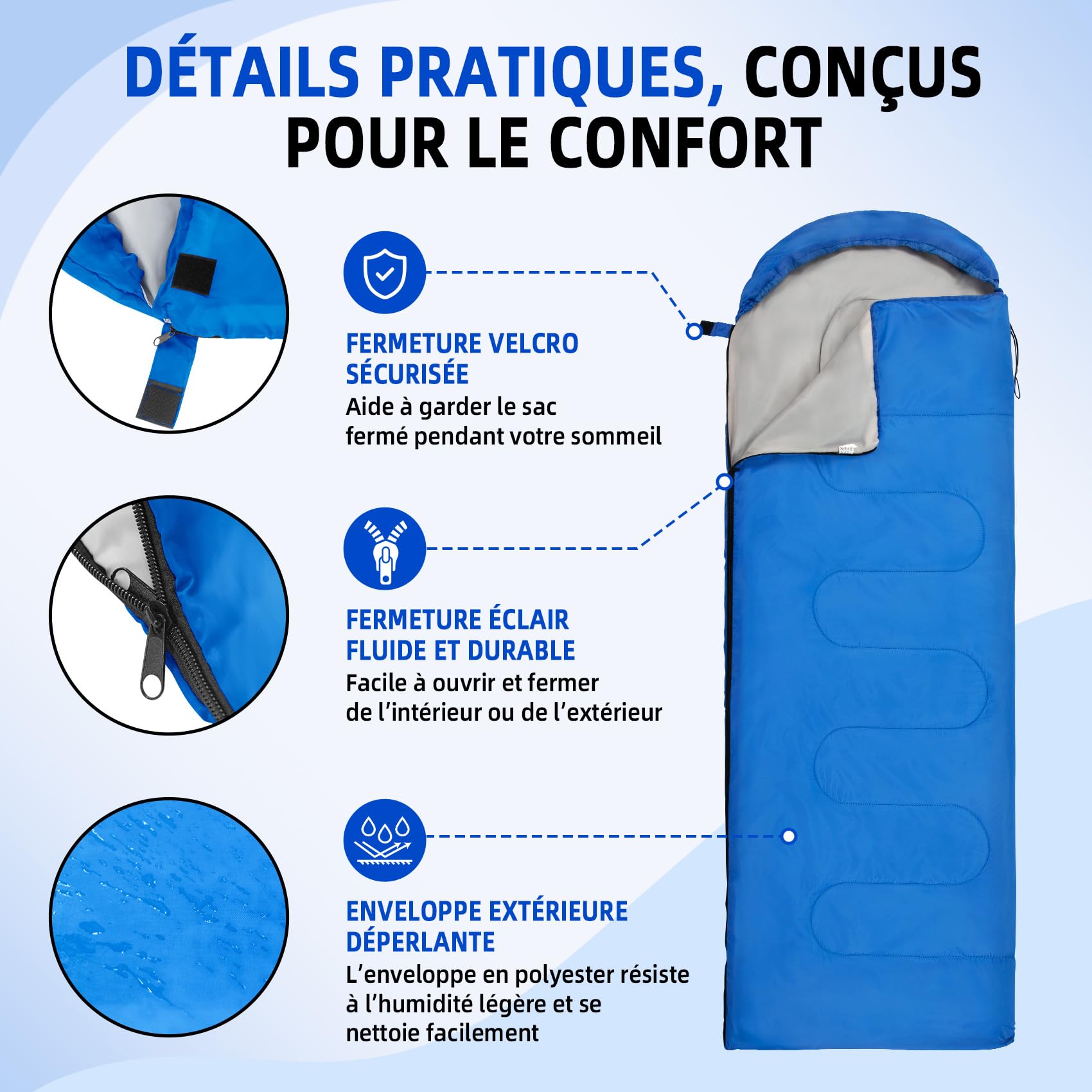 Sac de Couchage pour Adultes et Enfants, Léger, 3 Saisons | Portable, Déperlant, Robuste et Compact, avec Capuche et Fonction Couverture 2-en-1 pour Randonnée, Voyage et Sieste
