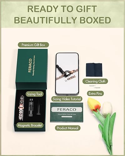 Miniatura 8 de Feraco Pulseras de cobre puro para mujer, pulsera magnética ultra fuerte 5X con 5000 imanes de neodimio Gauss y cierre de mariposa mejorado, regalo