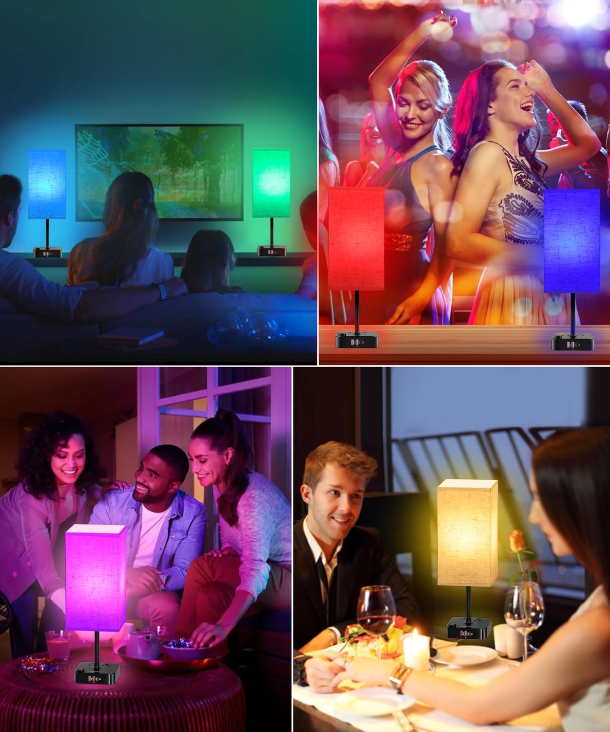 RGB Color Changing Lamp - Multi Color Desk Table Lamp with 2 AC Outlets, Stepless Dimming, Built-in USB-C + USB Charging Ports, Modern LED Bedside Lamp for Bedroom,Living Room, Dorm, or Home Office