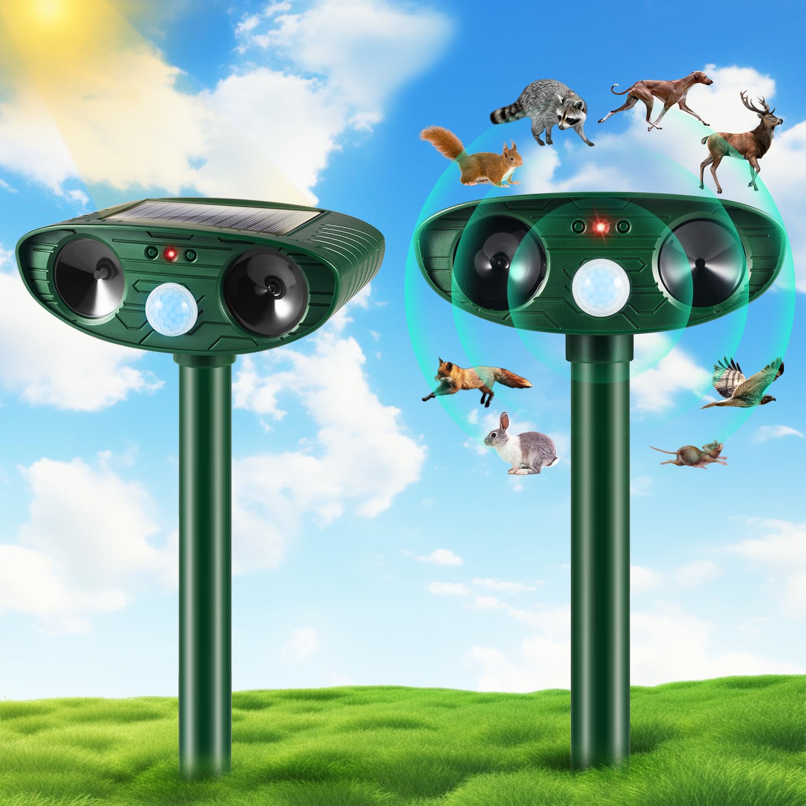 Upgraded Ultrasonic Animal Repeller Outdoor,2 Pack Solar Animal Repeller with Motion Sensor Solar Deer Repellent Devices Cat Repellent to Scare Skunk Squirrel Raccoon Rabbit Coyote Out of Yard Farm