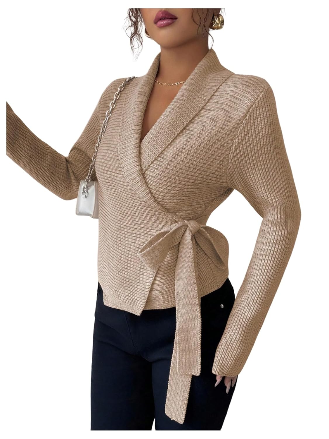 MakeMeChic Womens Business Winter Elegant Cardigan Wrap Tie Side Collared Long Sleeve Sweater