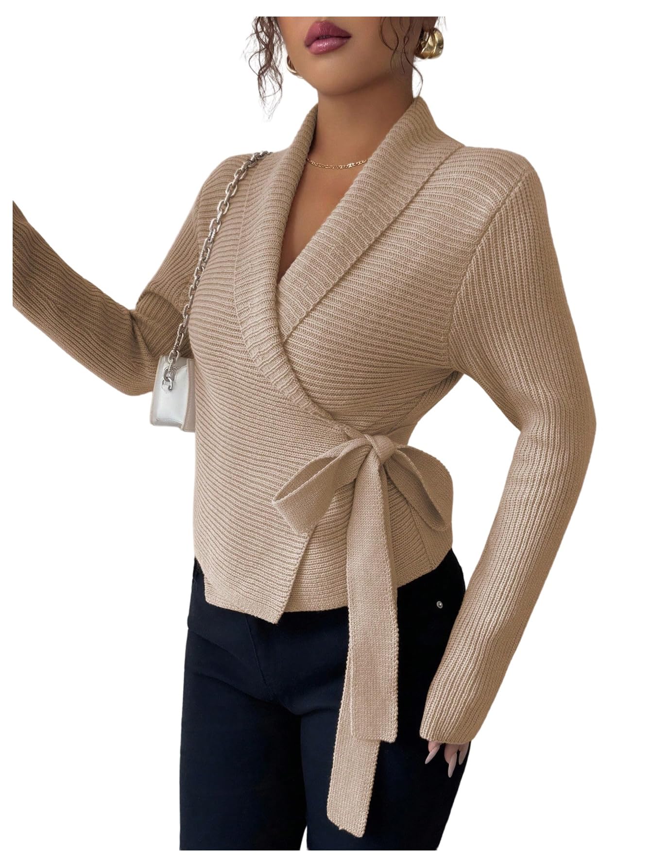 MakeMeChic Womens Business Winter Elegant Cardigan Wrap Tie Side Collared Long Sleeve Sweater