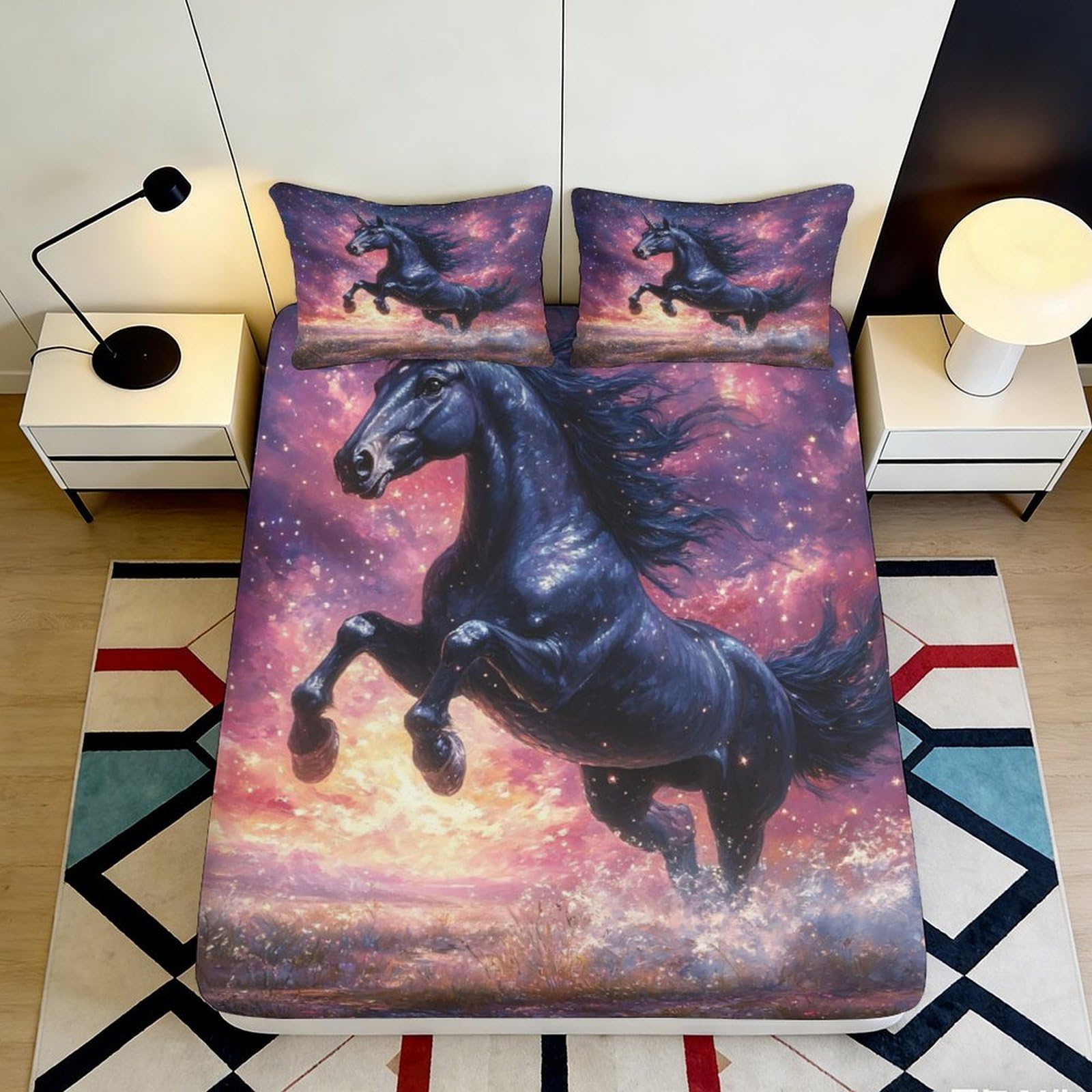 3D Printed Black Horse Sunset Fitted Sheet Microfiber Soft Bed Sheet for Bedroom Guest Room Dorm Mattress Decor 90x200x25cm