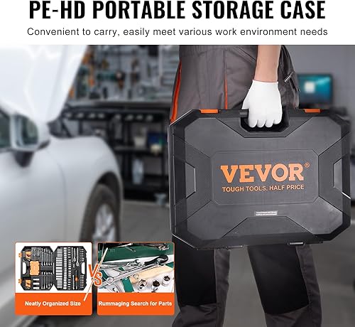 Miniatura 5 de VEVOR Juego de herramientas mecánicas, llaves profundas y estándar de 14 y 38 pulgadas, SAEMétrica, 145 piezas, llave combinada, llaves hexagonales,