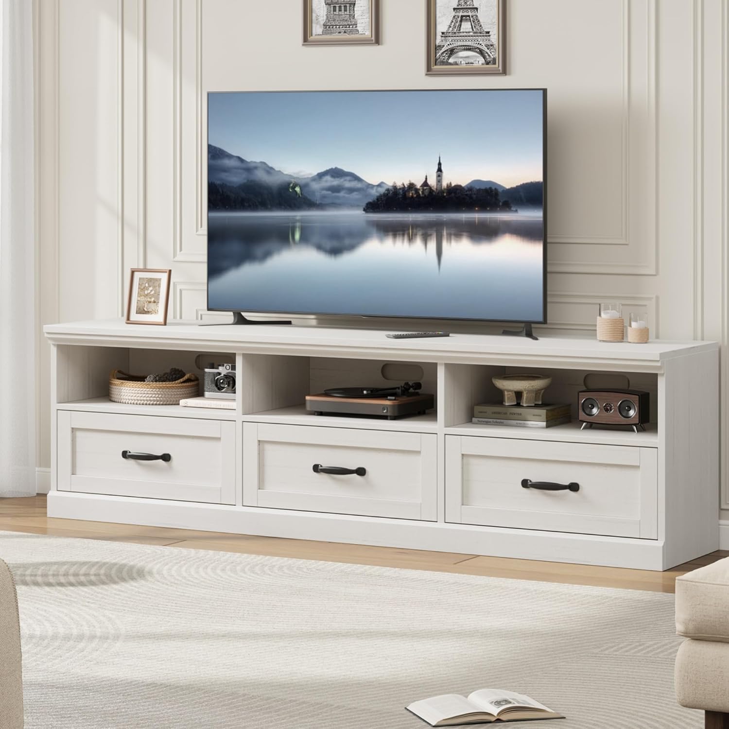 Garvee 70 Inch Mid-Century Modern TV Stand for 65/70/75 in TV, Entertainment Center with 3 Storage Drawers & Open Shelves, Media Cabinet for Living Room Bedroom, Antique White