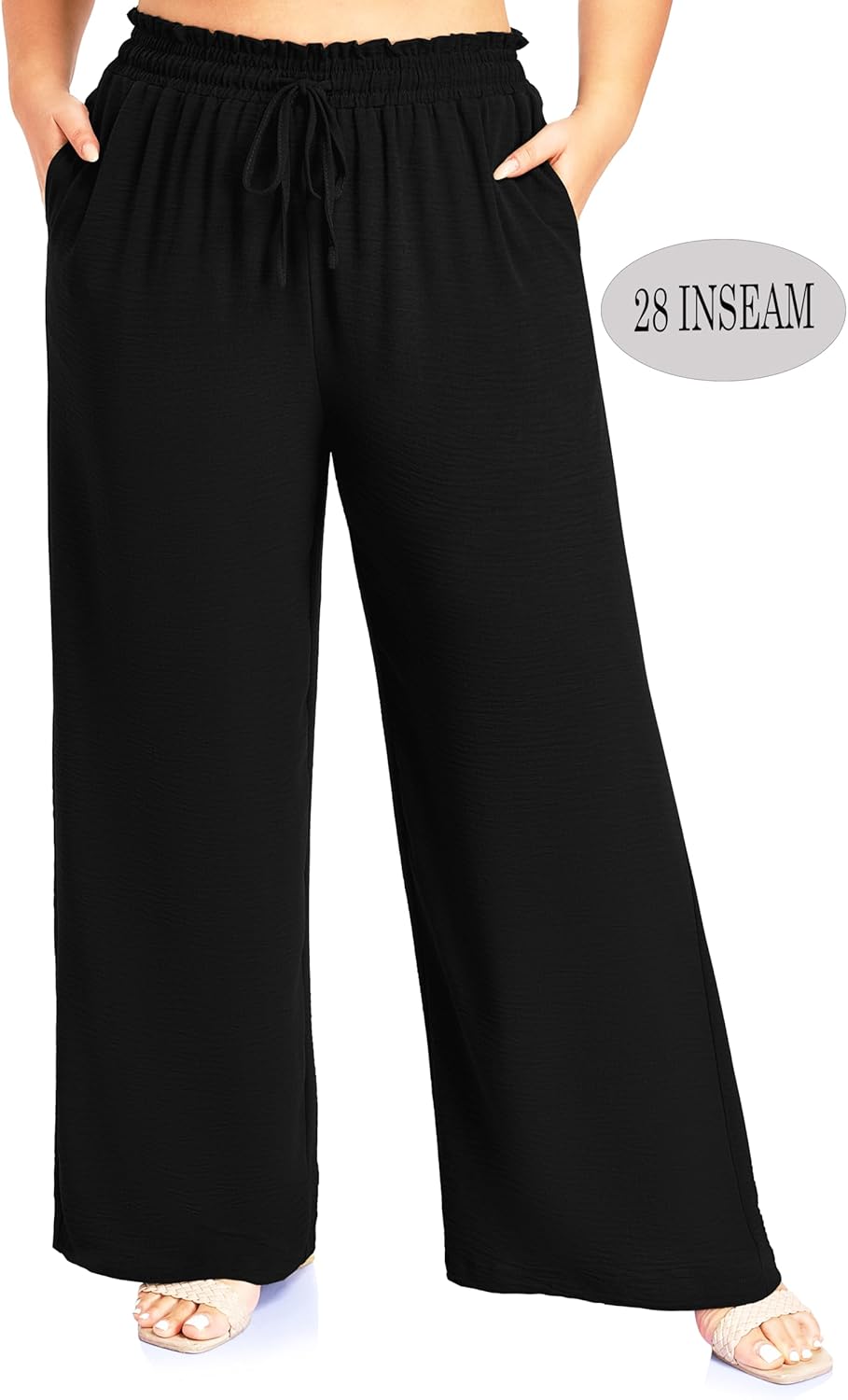 Arolina Plus Size Pants for Women Drawstring Waist Wide Leg Palazzo Beach Pants with Pockets (Regular,Petite) - Image 4