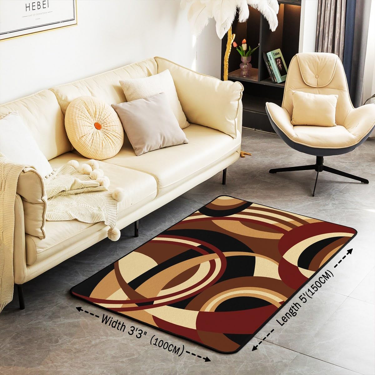 Feelyou Burgundy Brown Black Decorative Carpet Area Rug 3x5 Stripes Living Room Rugs for Kids Boys Girls Decor Abstract Geometric Accent Rug Microfiber Modern Striped Art Decorative Rug Vintage