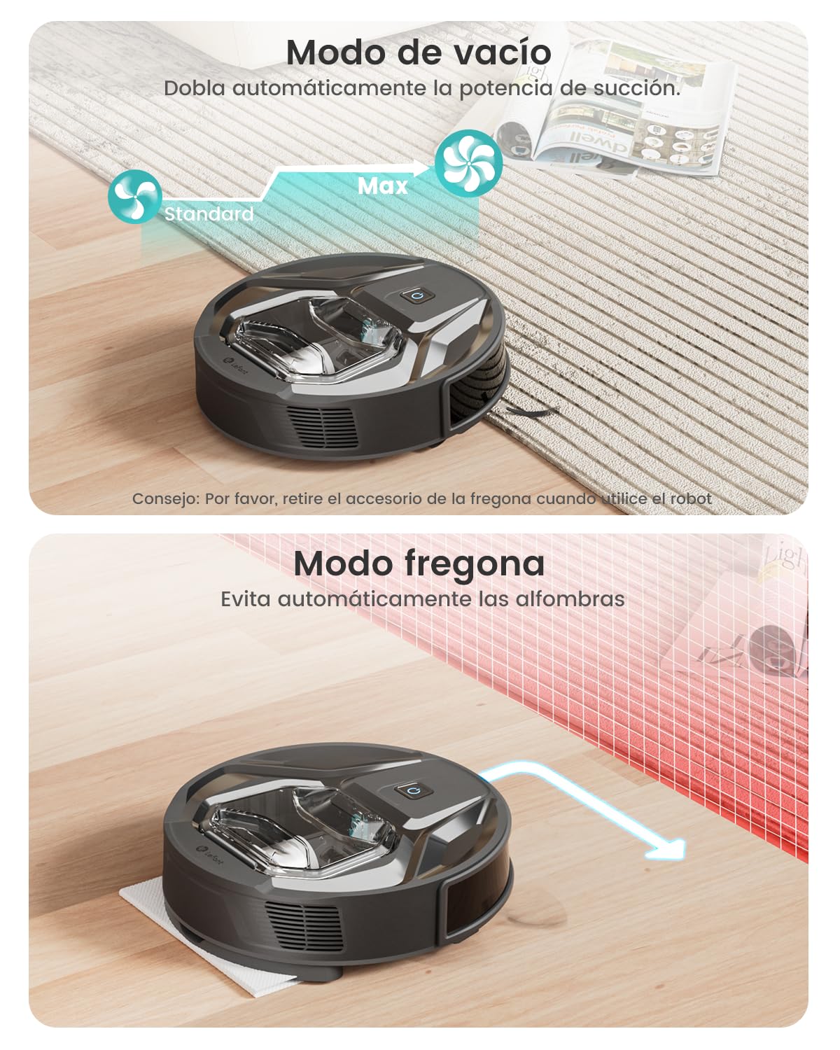 Lefant M320 Robot 3-en-1, Aspira 6000Pa y Friega, Navegación Precisa, 800ml Tanque, 210min, WiFi/App, Ideal para Mascotas