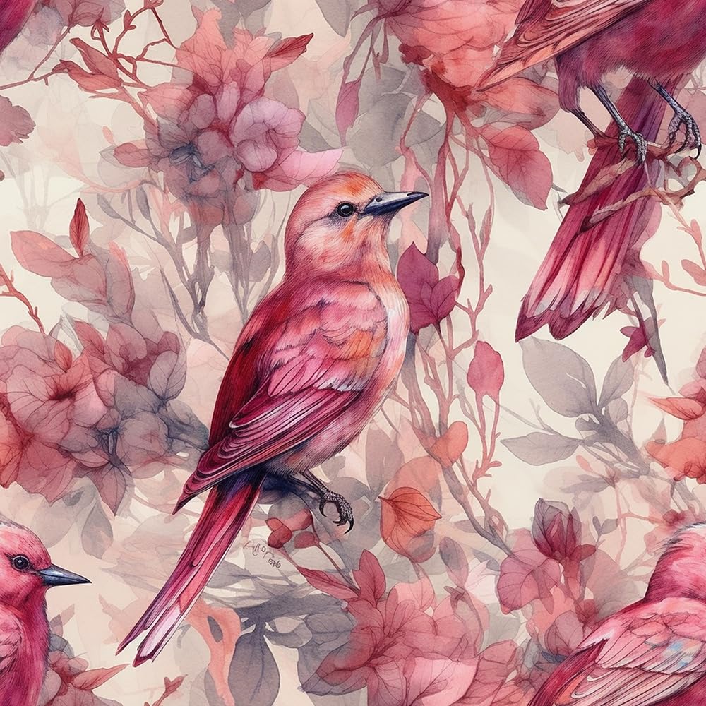 Redamancy Pink Vintage Watercolor Floral Birds Boho Peel And Stick Wallpaper For Nightstand Drawer, Renters Friendly 17.7"X236"}