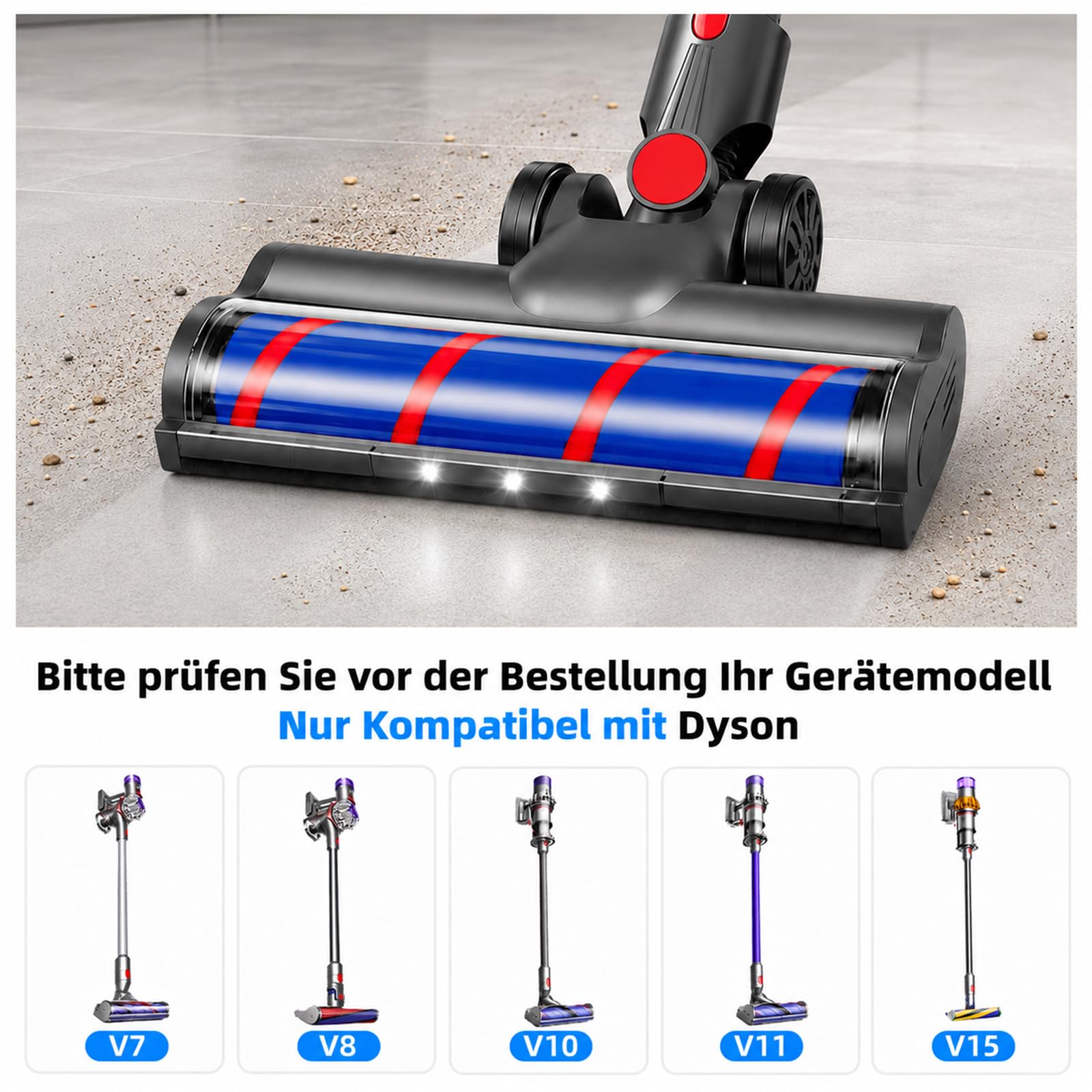 Alloytool Motorisierte Bürste für Dyson V7 / V8 / V10 / V11 / V15 Staubsauger, Bodenbürste Zubehör Ersatzteil Turbobürste und Soft Roller mit LED-Lichter für Teppiche