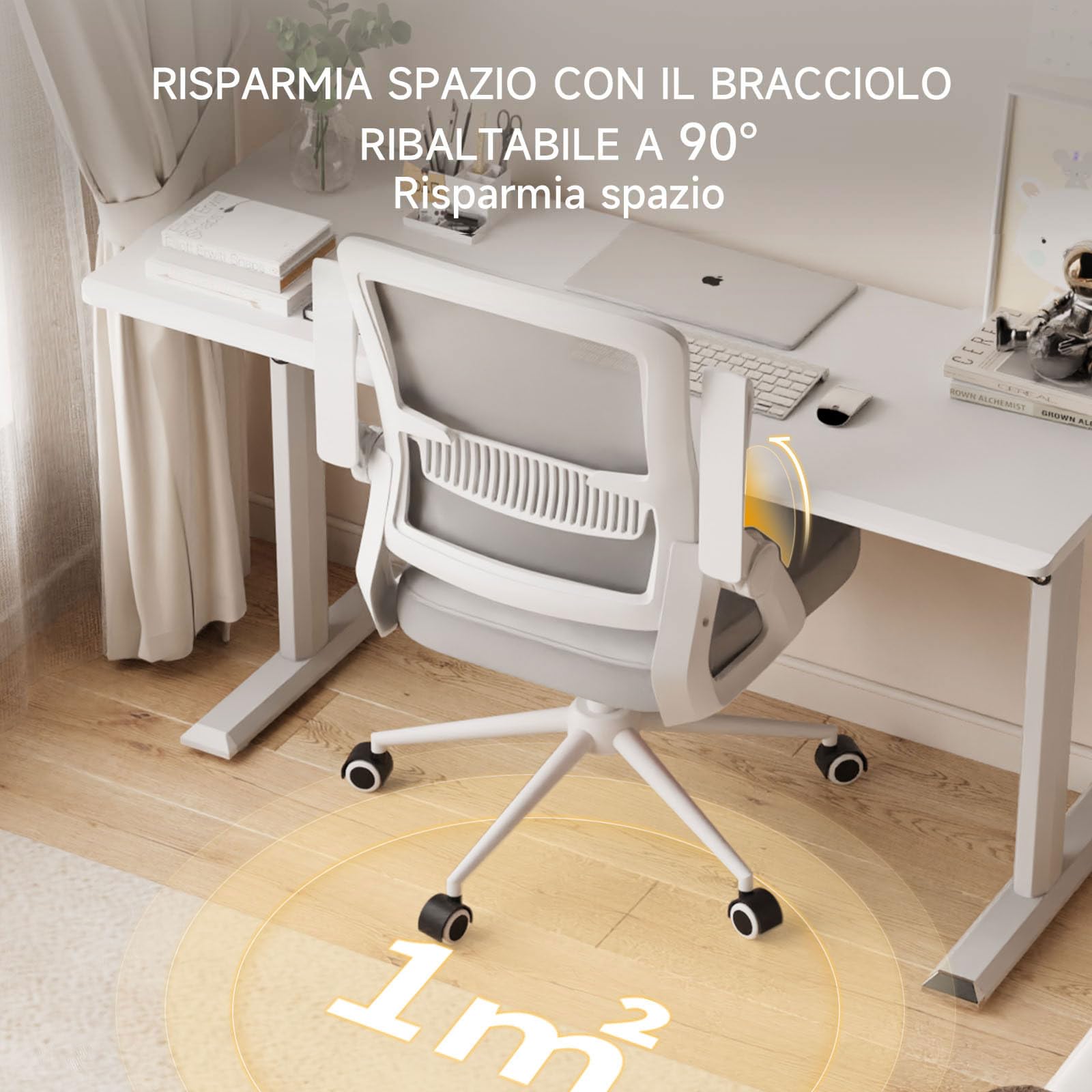naspaluro Sedia da Ufficio Scrivania Ergonomica, Con Braccioli Pieghevoli, Altezza Regolabile, Seduta e Schienale in Rete Respirante, Girevole con Ruote, Funzione Oscillante Grigio