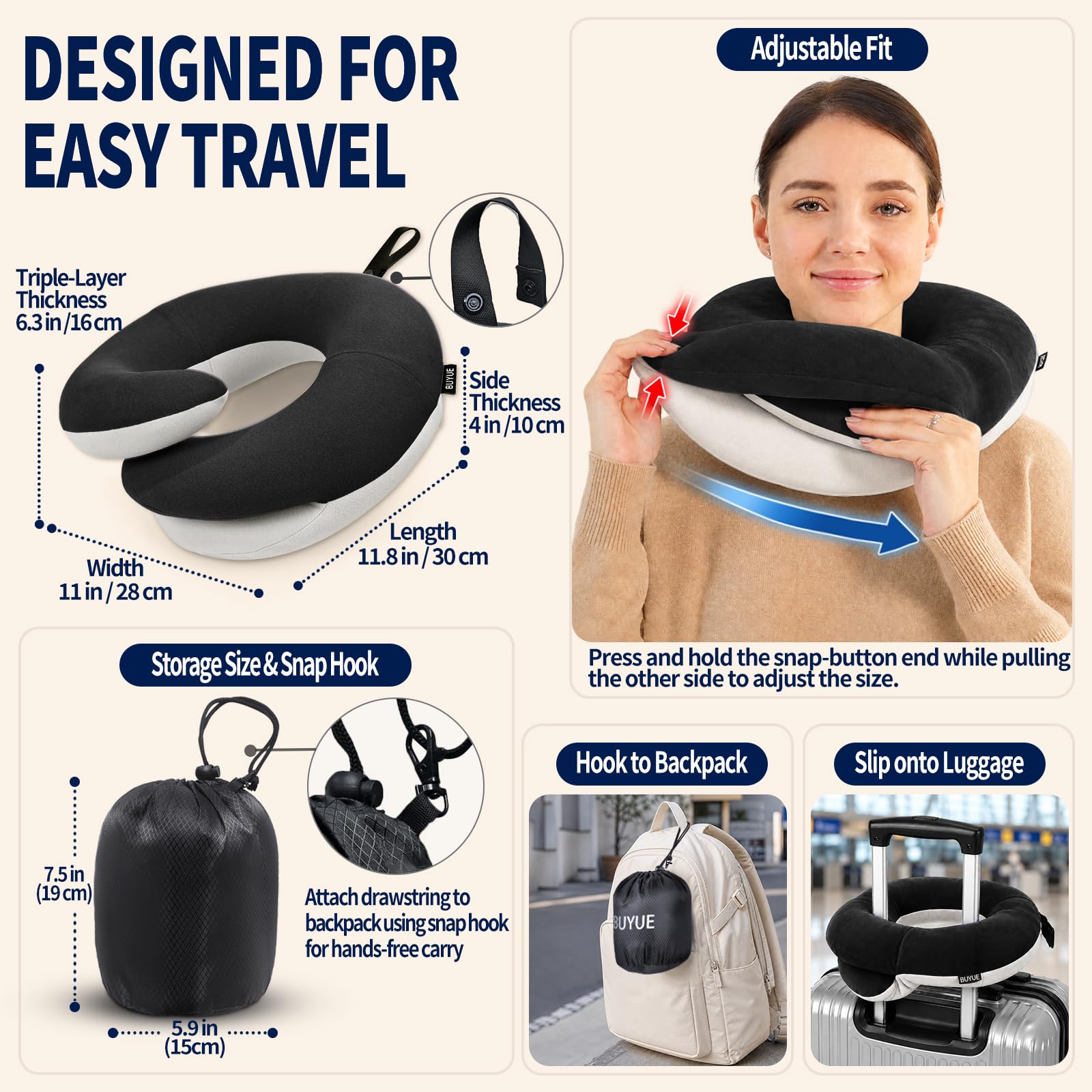 BUYUE Cuscini cervicali da viaggio per aerei, supporto per la testa a 360°, essenziali per dormire a lungo, delicati sulla pelle e traspiranti, kit con maschera per gli occhi sagomata 3D, tappi per le