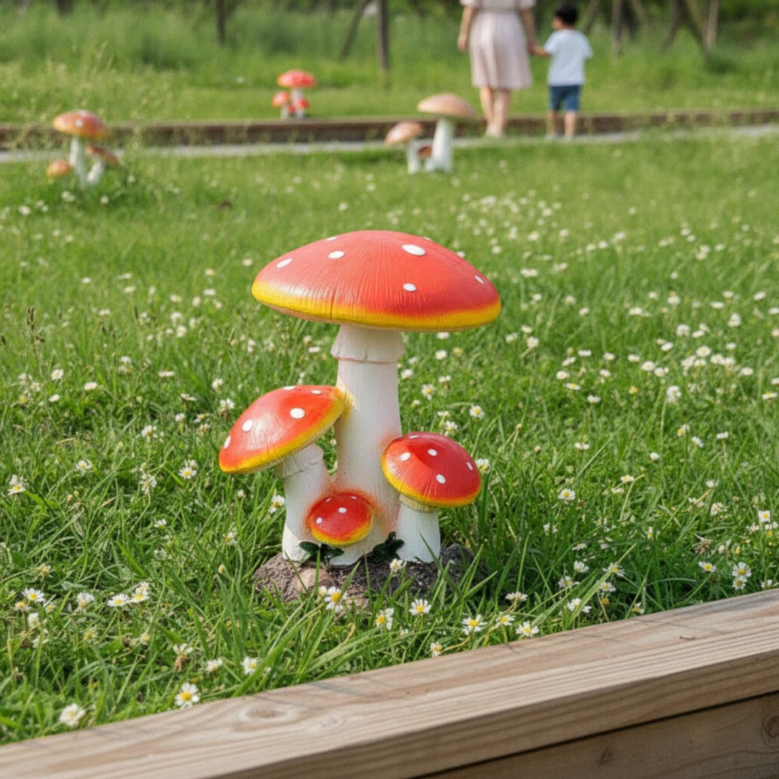 Pilz farbenprächtig Pilzfigur stabil Pilzskulptur für Gartenliebhaber, Hobbygärtner, Garten, Terrasse, Großer Dreistieliger Pilz
