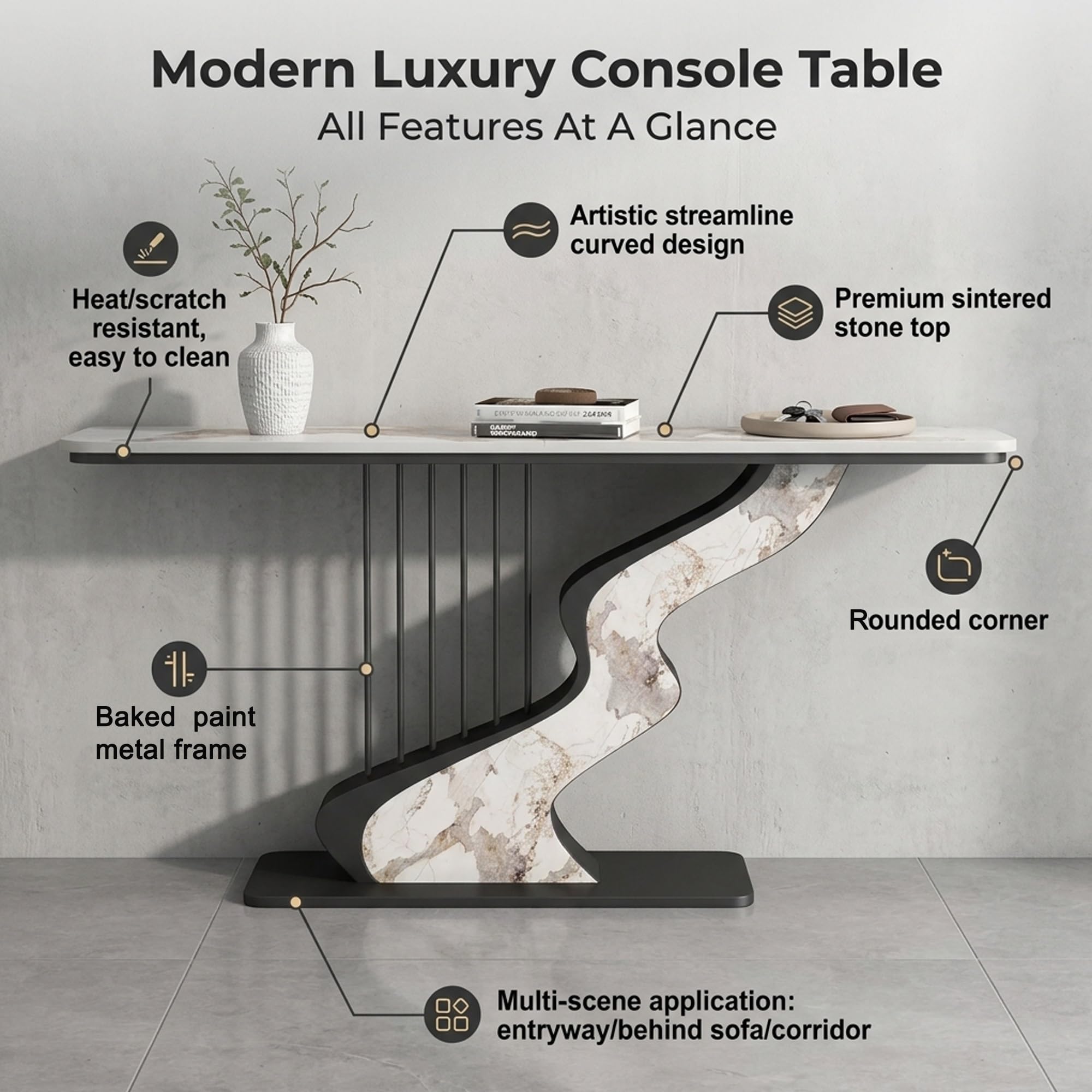 Tavolo consolle stretto moderno con piano in pietra sinterizzata avolino da divano per ingresso, corridoio,soggiorno,foyer e zona d'entrata(Black-D,120cm/47.2in)