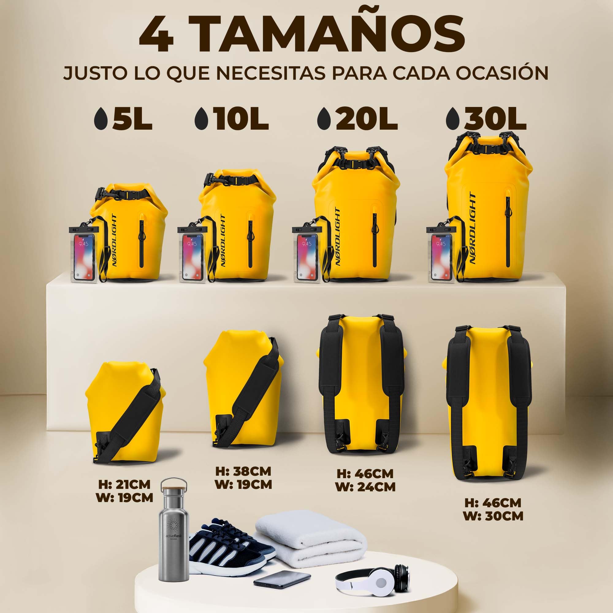Nordlight Bolsa Estanca Impermeable + Funda para Móvil, Cierre Enrollable, Correa para Hombro | Drybag Mochila Impermeable Saco Estanco Bolsa de Transporte Náutica | Playa Sup - Amarillo, 30 litros