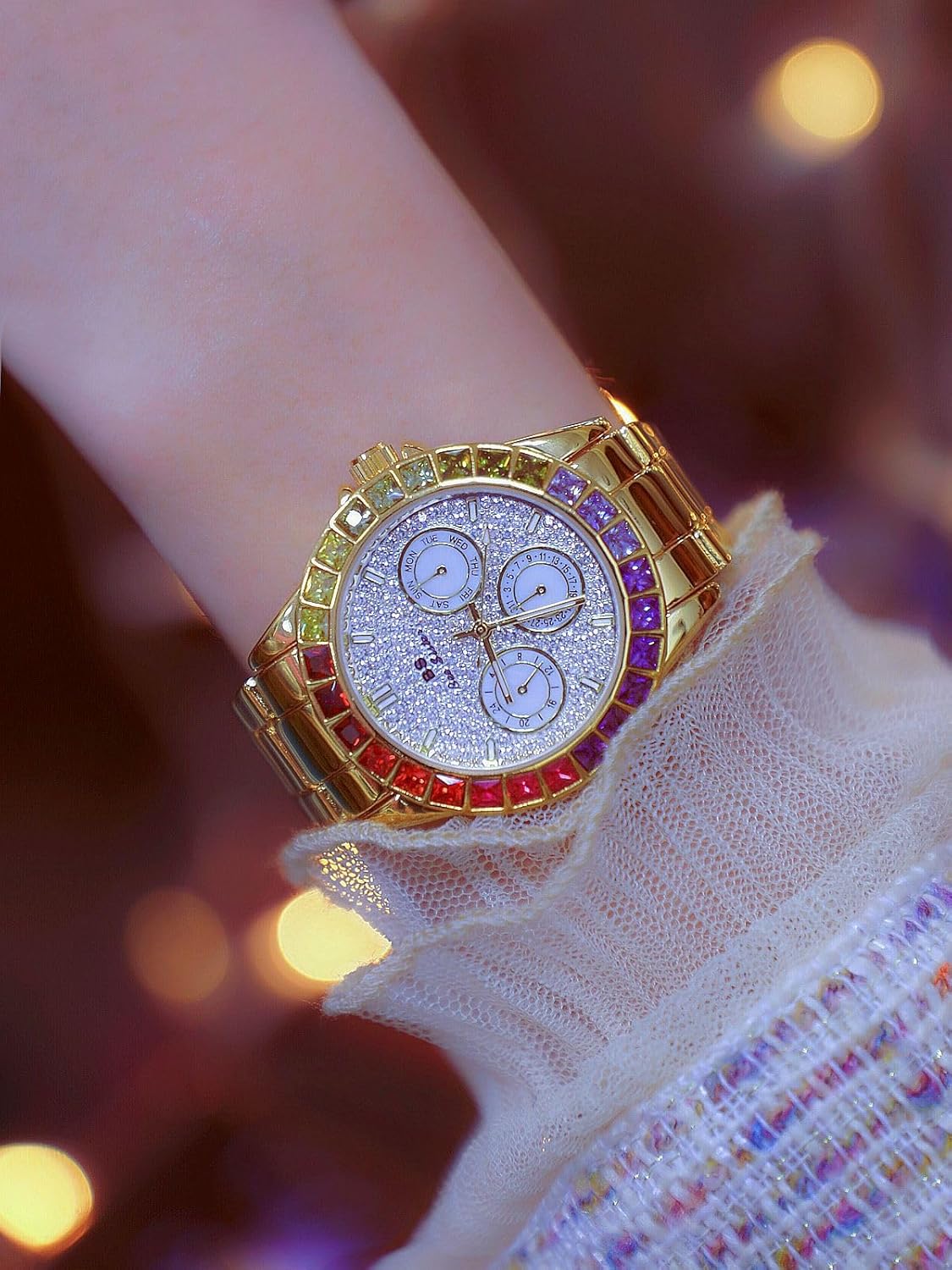 MASTOP Women's Luxury Quartz Watch Waterproof Rainbow Color Design Round Dial Stainless Steel Band