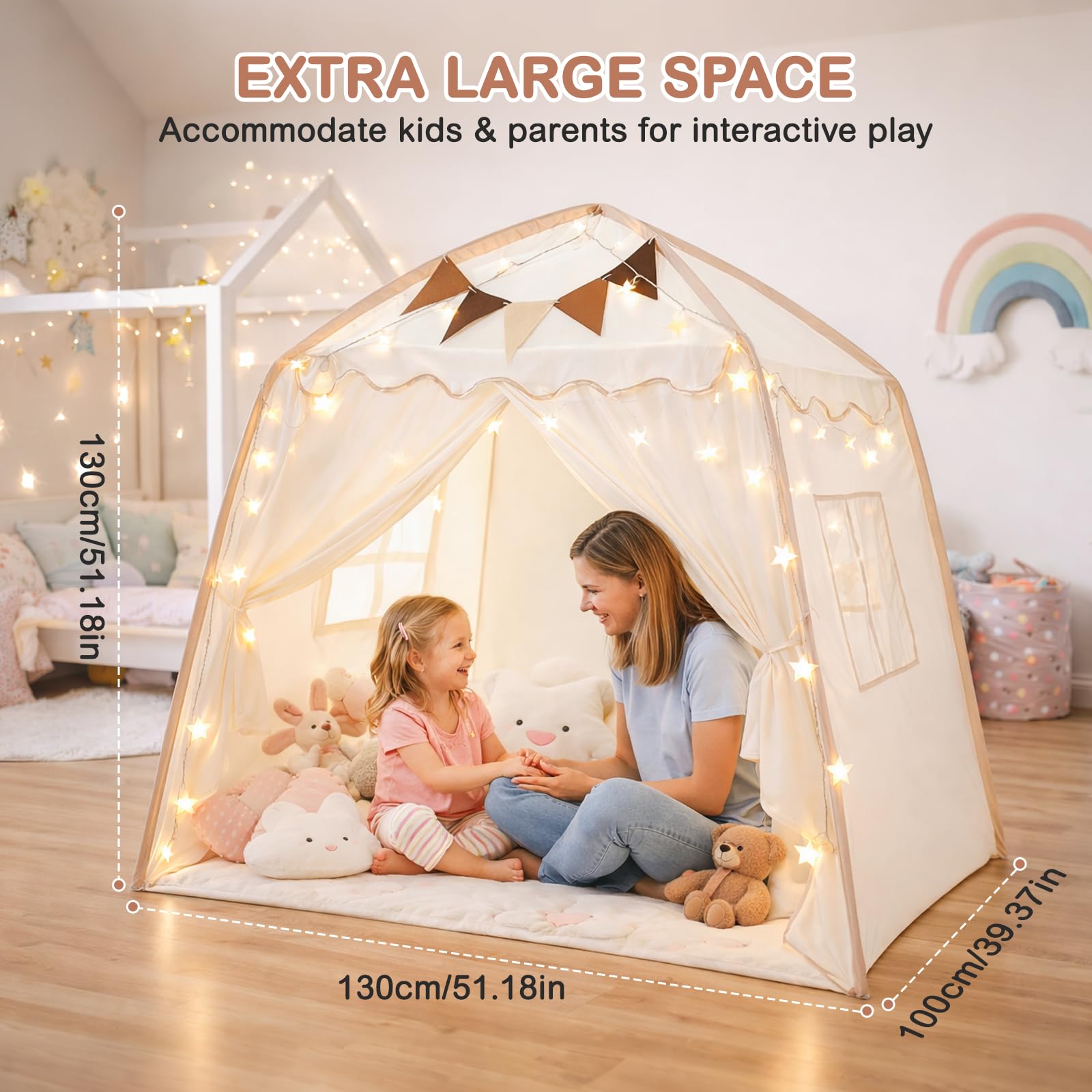 Tente Enfant, Cabane Enfant Intérieur avec Lumières et Drapeaux Tente de Jeu pour Enfants Princesse Tipi Cadeaux d'Anniversaire et de la Fête des Enfants Garçons Filles Décoration de Chambre d'Enfants