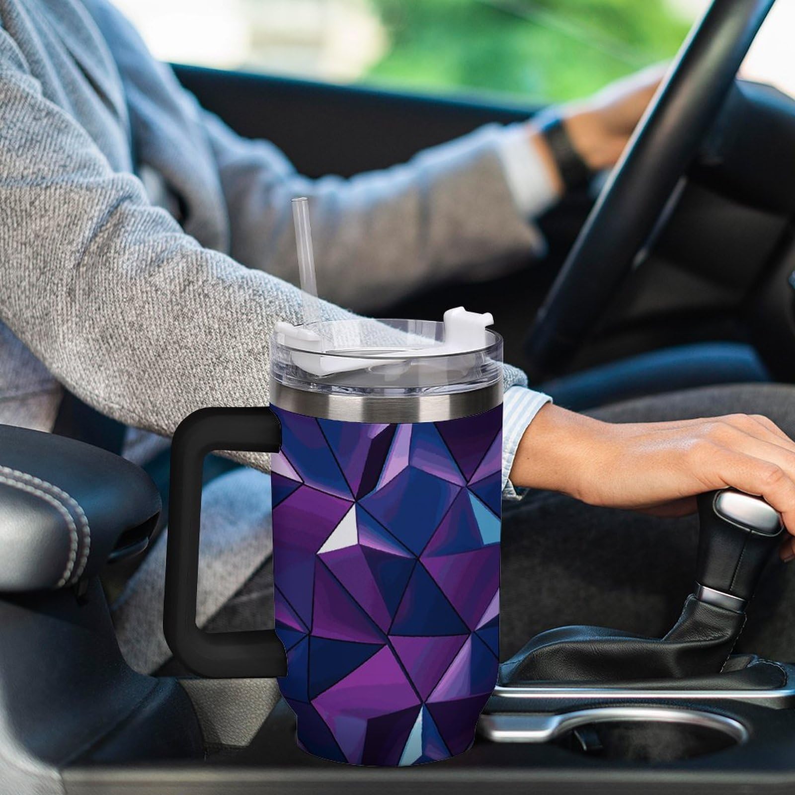 Tazas geométricas moradas con popote y asa, taza de café con aislamiento al vacío de doble pared, botellas de agua para café helado, té, bebida caliente y fría