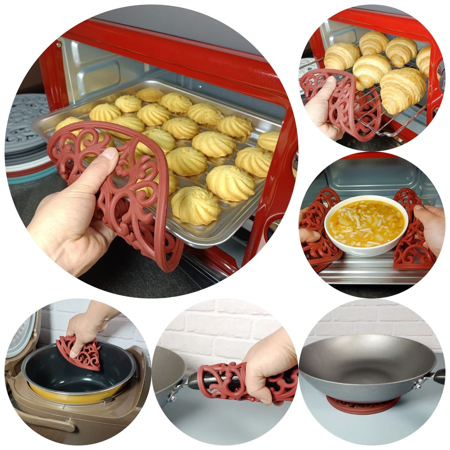 Sottopentola in silicone, antiscivolo, resistente al calore, moderno, antiscivolo, rotondo, multiuso, 6 pezzi, colore: rosso vino