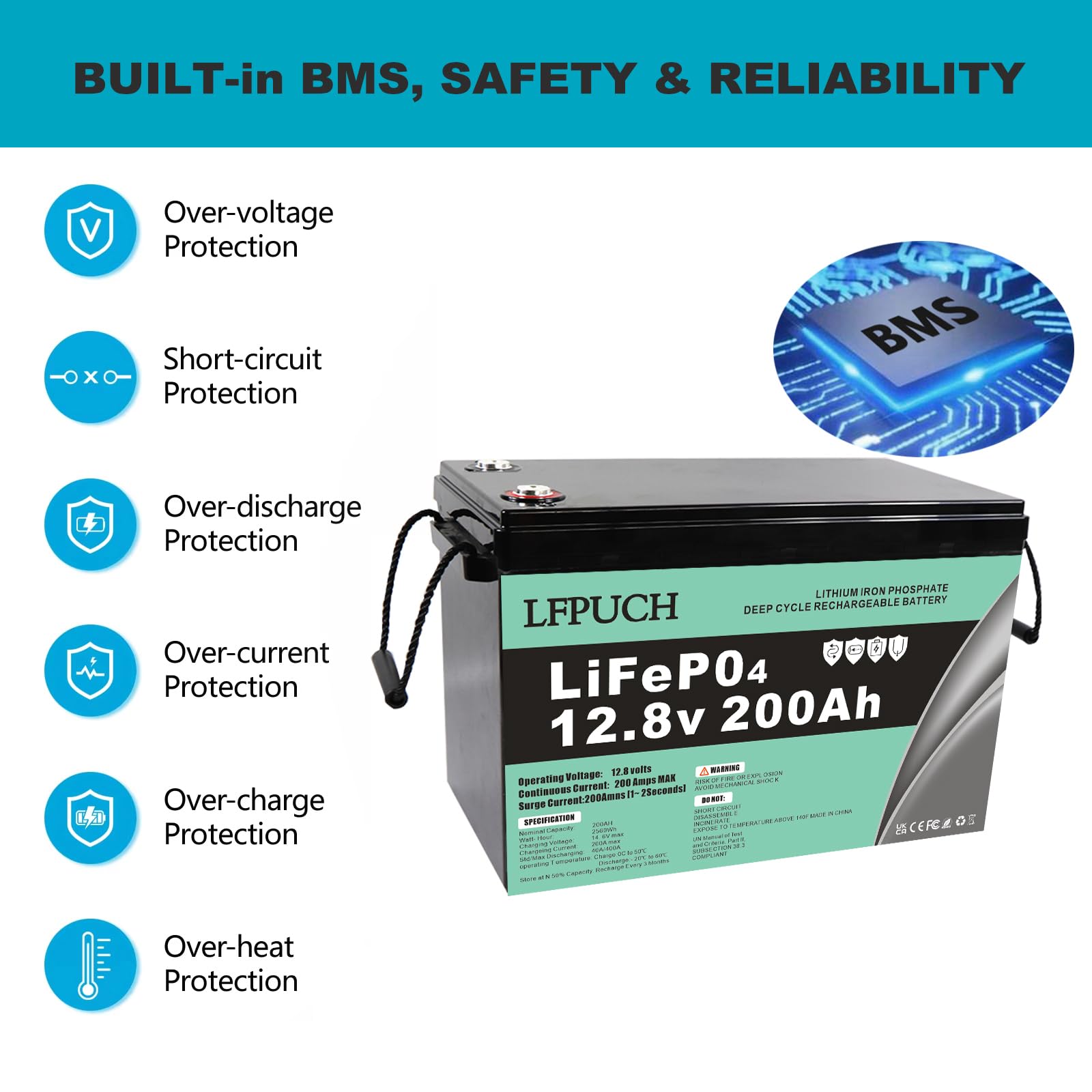 Leisure batteria，LiFePO4 Batterie 12V 200Ah, Lithium Freizeitbatterie,Sistema BMS integrato, adatto per impianti fotovoltaici e sistemi di accumulo di energia.