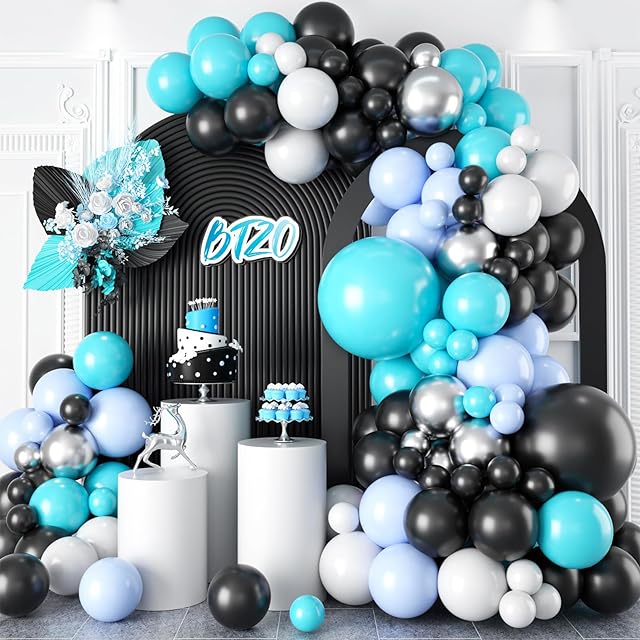 Black Blue Balloon Arch,BTZO Balloons Garland Kit With Teal Blue White Balloons Metallic Silver Balloons for Birthday Baby Shower Race Car Party Decorations