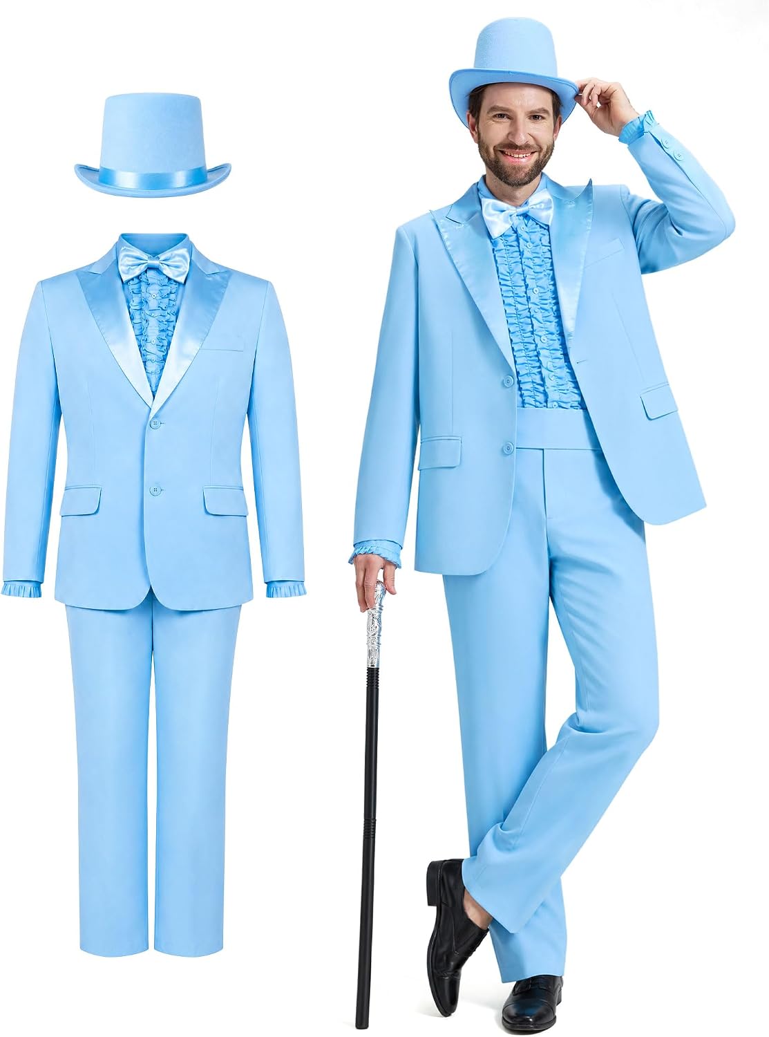 7PCS Blue Dumb Costume Adult Men Tuxedo Halloween Suit Outfit