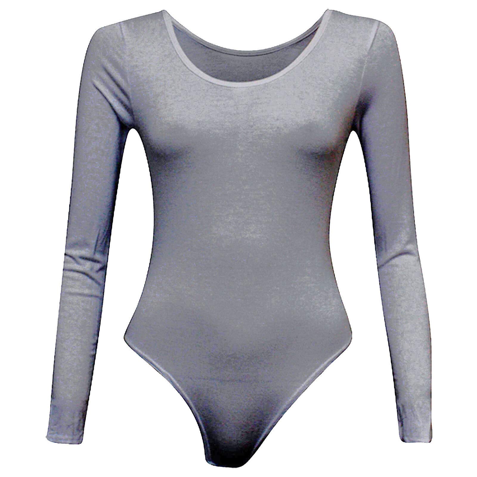 21Fashion Womens Girls Stretch Leotards Ladies Kids School PE Ballet Dance Gymnastics Full Sleeves Bodysuit Grey