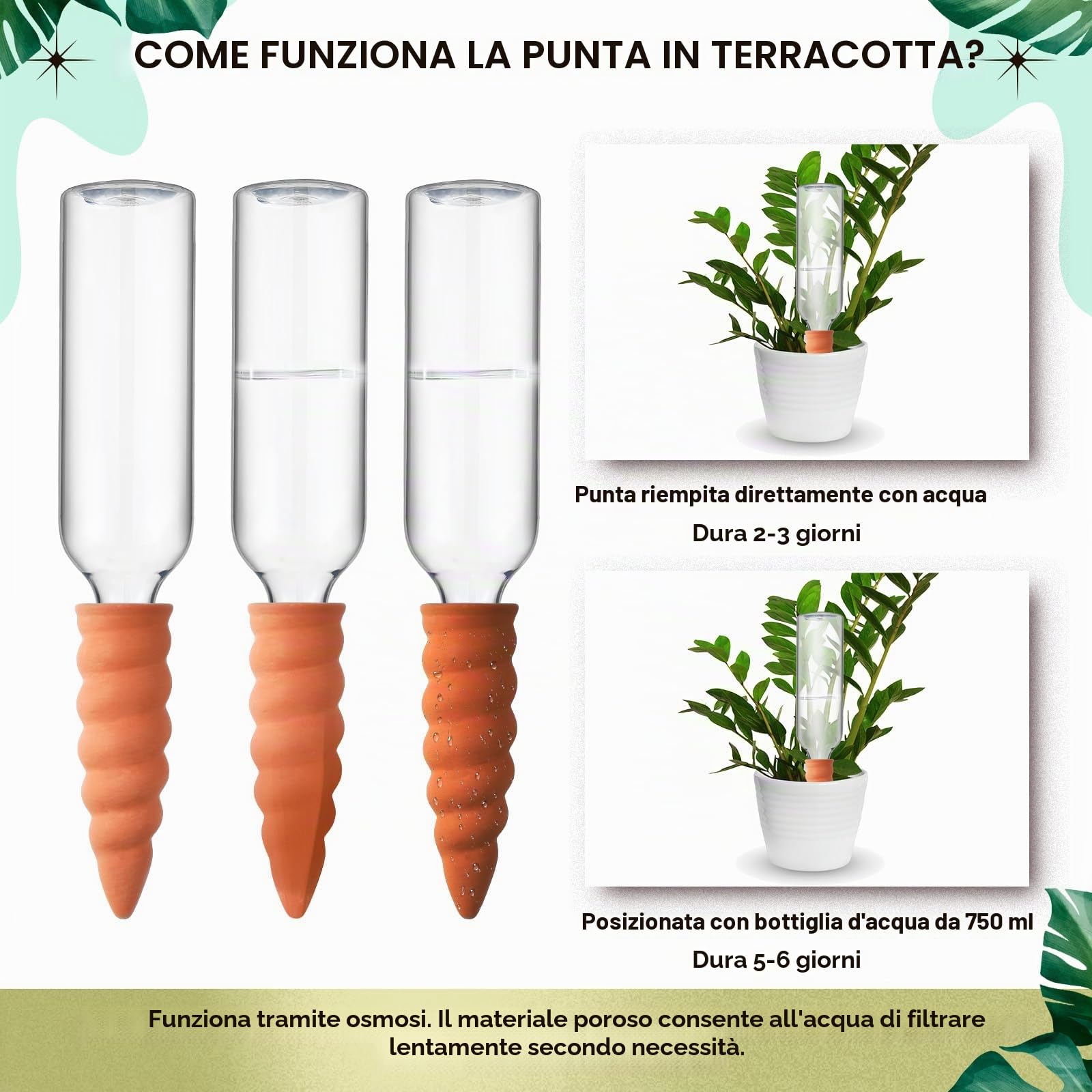 Geiserailie 4 Sets Dispositivi Automatici per Irrigazione delle Piante Cono di Irrigazione in Terracotta con Flaconi da 750 ml Argilla per Piante in Argilla a Rilascio Lento per Vacanze