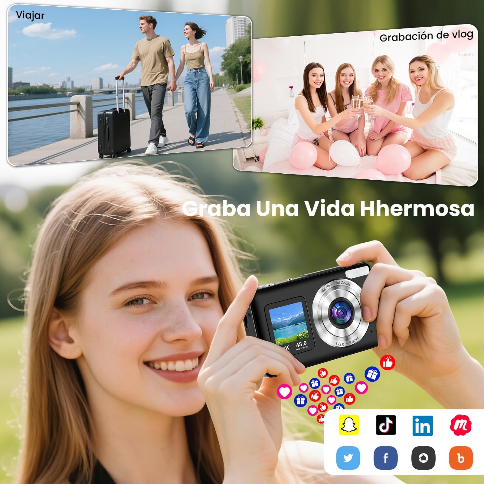 Appareil Photo Numérique avecà Double Écran - 48MP HD 4k Digital Caméra, Appareil Photo Compact Portable avec Zoom Numérique 18X Anti-Shake Caméra, Carte de 32GB, pour Enfant/Ados/Débutant, Noir
