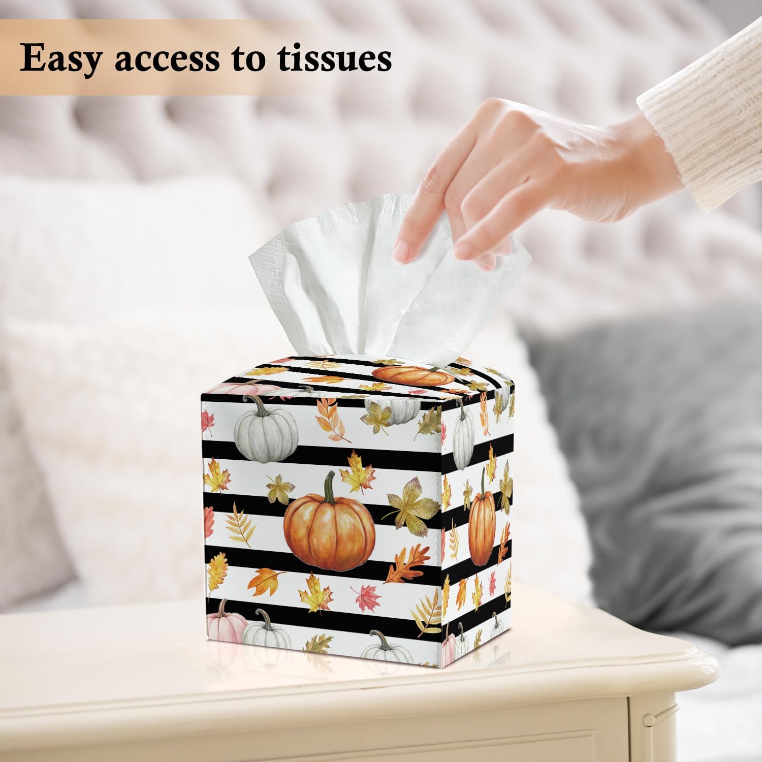 Autumn Pumpkins and Leaves Tissue Box Covers Square, Leather Tissue Holders Decorative for Home Office Bathroom Organizer, Thanksgiving Home Decoration for Table Vanity Countertop -006