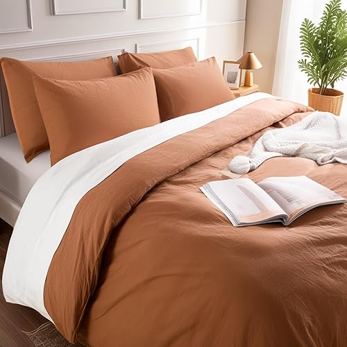 Miniatura 6 de NEXHOME PRO Juego de funda de edredón 100% algodón lavado, tamaño matrimonial, sensación de lino texturizado, orgánico, natural, juego de ropa de