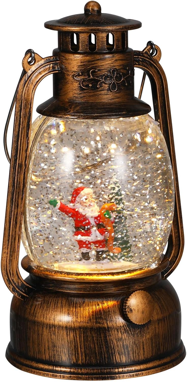 PRETYZOOM Christmas Musical Snow Globe Lantern with Santa Claus and Horse Figurines, Lighted Crystal Water Globe with Swirling Glitter, USB/Battery Operated Decorative Music Box for Holiday